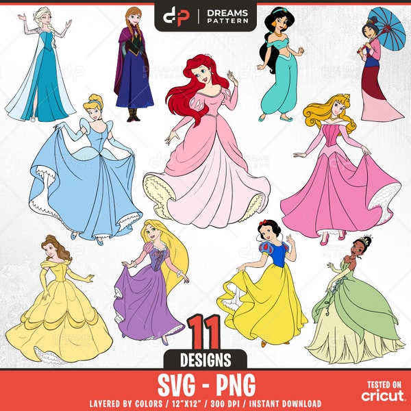Bundle princesses Svg, 11 modèles faciles à utiliser, Clipart personnages de dessins animés, Svg en couches par couleurs, Png transparent, fichiers faciles à découper pour Cricut
