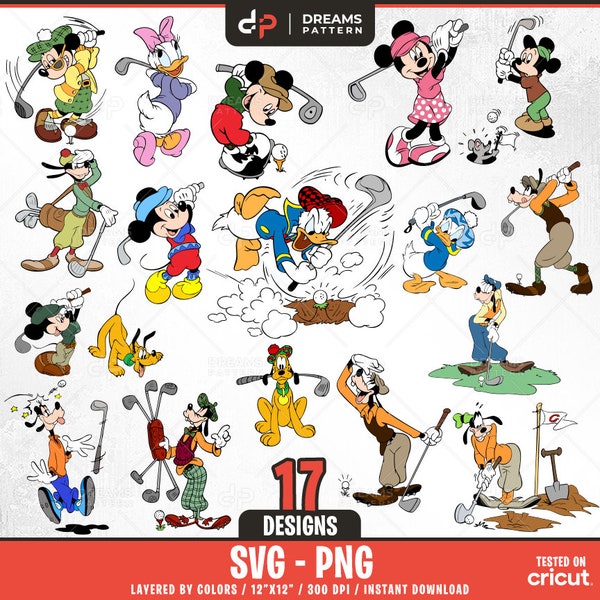 Mouse And Friends Golf Svg, 17 Designs Easy to use, Cartoon Characters, Layered Svg by colors, Transparent Png, Easy cut files for Cricut.