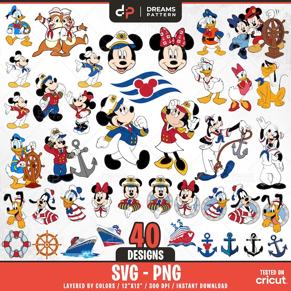 Sailor Mouse and Friends Svg, 40 diseños fáciles de usar, personajes de dibujos animados, SVG en capas por colores, Png transparente, archivos de corte fácil para Cricut.