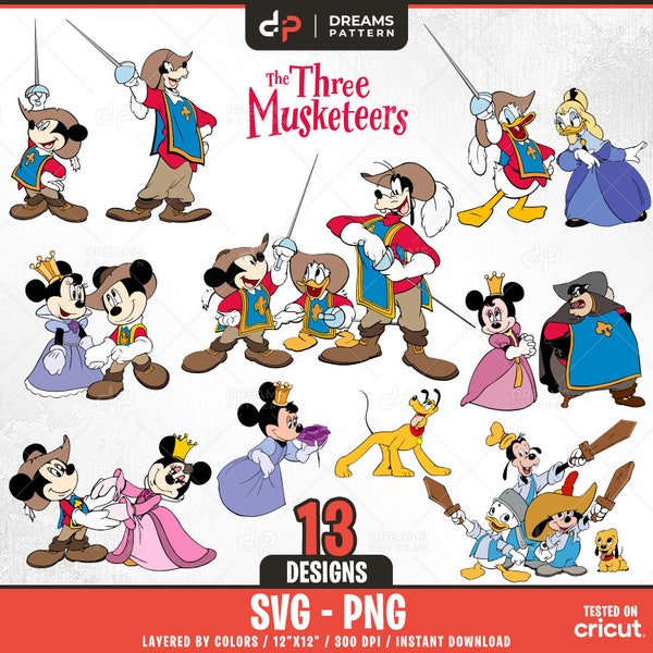 The Three Musketeers Svg, 13 Designs Easy to use, Cartoon Characters, Layered Svg by colors, Transparent Png, Easy cut files for Cricut.