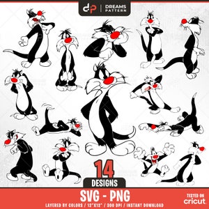 Sylvester Cat Svg, 14 Designs Easy to use, Cartoon Characters Clipart, Layered Svg by colors, Transparent Png, Easy cut files for Cricut.