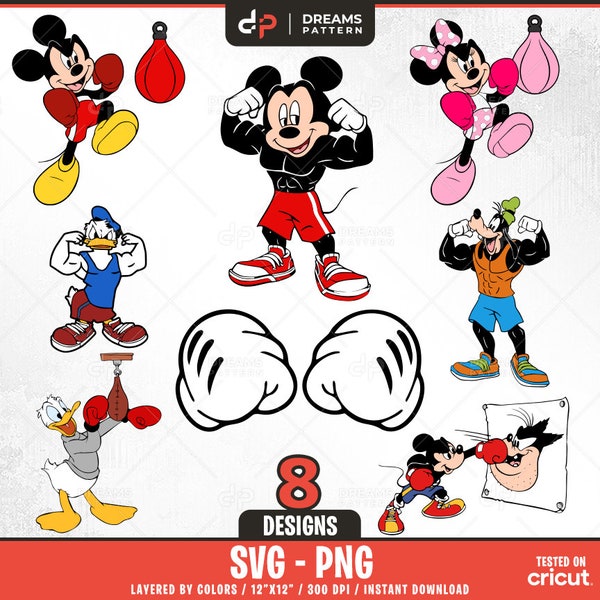 Mouse And Friends Boxing Svg, 8 Designs Easy to use, Cartoon Characters, Layered Svg by colors, Transparent Png, Easy cut files for Cricut.