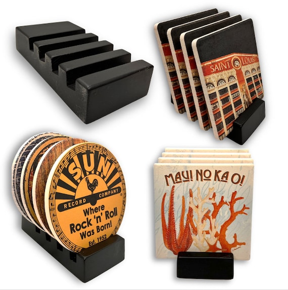 Slotted Upright Wood Coaster Holder. Black Finished Wood. Holds 4 coasters.  Round or Square .25" - .30" Coaster Thickness. Stone Coasters.