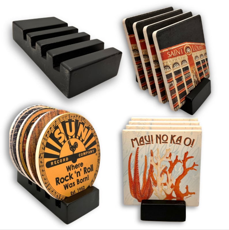 May include: A collection of coasters with black holders. One set features a vintage record label design with text "Where Rock 'n' Roll Was Born!" Another set displays a Saint Louis building. The third set has coral art.