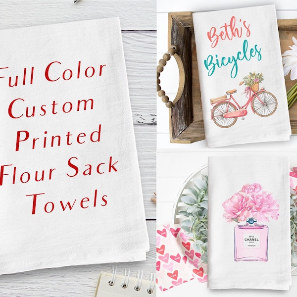 Custom Printed White Flour Sack Tea Towels - Your Art or Text, 30 x 30 Personalized Kitchen Towel