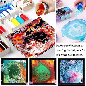 May include: A set of acrylic paints in various colors, including red, yellow, blue, and green. The paints are being poured onto a canvas to create a marbled effect. The image also shows three examples of finished projects, each with a different color scheme. The text "Using acrylic paint or pouring techniques for DIY your tile/coaster." is included in the image.