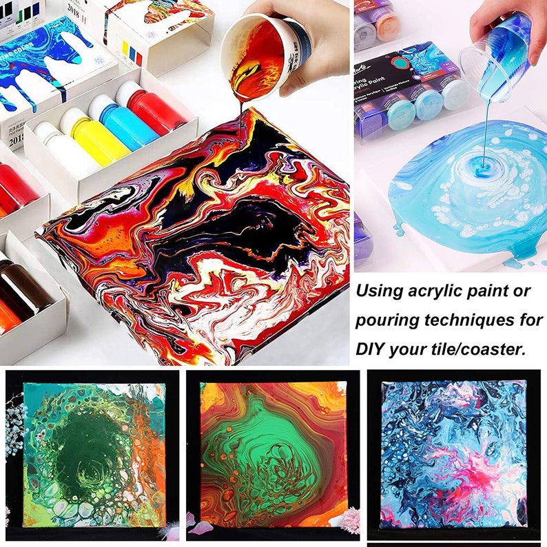 May include: A set of acrylic paints in various colors, including red, yellow, blue, and green. The paints are being poured onto a canvas to create a marbled effect. The image also shows three examples of finished projects, each with a different color scheme. The text "Using acrylic paint or pouring techniques for DIY your tile/coaster." is included in the image.