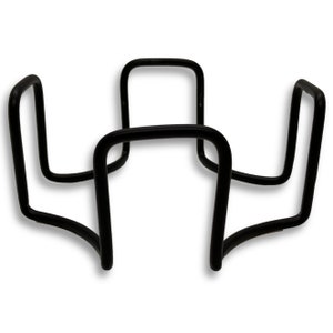May include: Black metal wire stand with four curved legs and a circular top. The stand is designed to hold a variety of items, such as plants, candles, or decorative objects.
