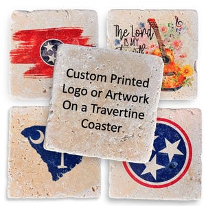 May include: Four square travertine coasters with different designs. The coasters feature a guitar with musical notes, a Tennessee state flag, a South Carolina state flag, and a Tennessee state flag with two stars. The text "Custom Printed Logo or Artwork On a Travertine Coaster" is printed on one of the coasters.