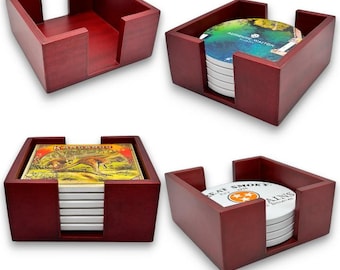 Cherry Finished Wooden Square Coaster Holder. Holds up to 6 coasters.  Round or Square 4" to 4.25". Stone, Sublimation Coasters.