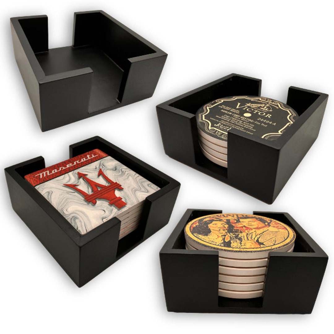 Wood Coaster Holder. Black Wooden Square Coaster Holder. Holds up to 6 ...