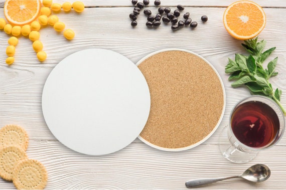 12 Blank Round Absorbent Stone Coasters with Cork Backing. 4.25" in Diameter. Personalize- Vinyl, UV Printing, DTG Printing and Paint. 12 pc
