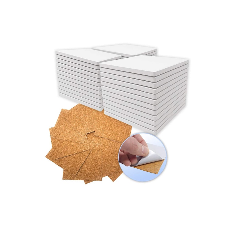May include: A stack of 48 white square ceramic coasters with cork backing. The cork backing is shown with adhesive on the back.