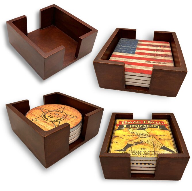 Wood Coaster Holder. Walnut Finish Wooden. Holds up to 6 coasters.  Round or Square 4" to 4.25". Stone, Sublimation Coasters.