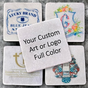 May include: Set of six white marble coasters with different designs. The coasters feature a variety of images, including a logo, a floral design, a cross, and a stylized image. The text "Your Custom Art or Logo Full Color" is printed on one of the coasters.