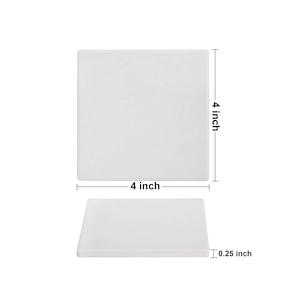 May include: White ceramic square coaster measuring 4 inches by 4 inches and 0.25 inches thick.