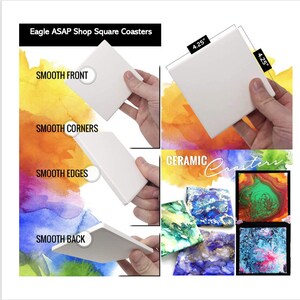 May include: Four white ceramic square coasters, each measuring 4.25 inches by 4.25 inches. The coasters are smooth on all sides and have rounded corners. The text "CERAMIC Coasters" is visible in the image.