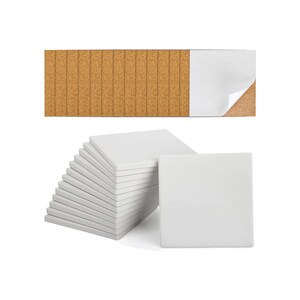 May include: A stack of 12 white square cork tiles with adhesive backing. The tiles are made of cork and have a smooth, white surface. The adhesive backing is visible on the top tile. The tiles are perfect for creating a cork board or bulletin board.