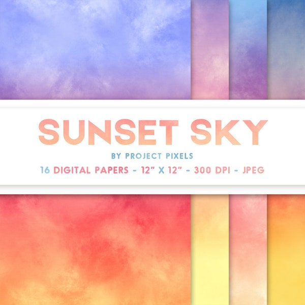 Sunset Sky Digital Paper, Soft Paint Texture, Sky Backgrounds, Sun Art Gradient Paper, Digital Download, Graphic Design, Scrapbooking Paper