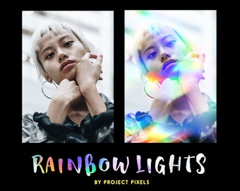 May include: Two images of a person with rainbow light flares overlayed on the image. The text "Rainbow Lights" is at the bottom of the image with the text "By Project Pixels" below that. The text "80 Individual Rainbow Flare Lights - 300 DPI - JPEG" is at the bottom of the image.