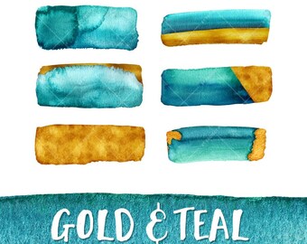 Gold & Teal Watercolor Brush Strokes Clip Art, Digital Resource, Brush Stroke ClipArt, Watercolor Clip Art, Design Elements, PNG Clip Art