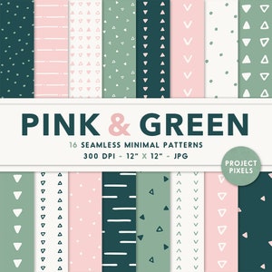 May include: A set of 16 digital seamless patterns in pink, green, and white. The patterns are minimal and geometric, featuring dots, stripes, and triangles. The patterns are 12 inches by 12 inches and 300 DPI.