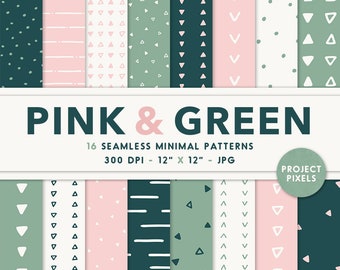 Rosa und grüne Muster, minimale nahtlose Muster, handgezeichnete Muster, digitales Kunstpapier, Grafikdesign-Ressource, digitaler Download