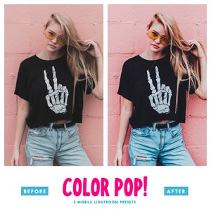 May include: Before and after image showing a woman wearing a black t-shirt with a white skeleton hand graphic and blue jeans. The image on the right shows the effect of a color pop filter, making the colors more vibrant.