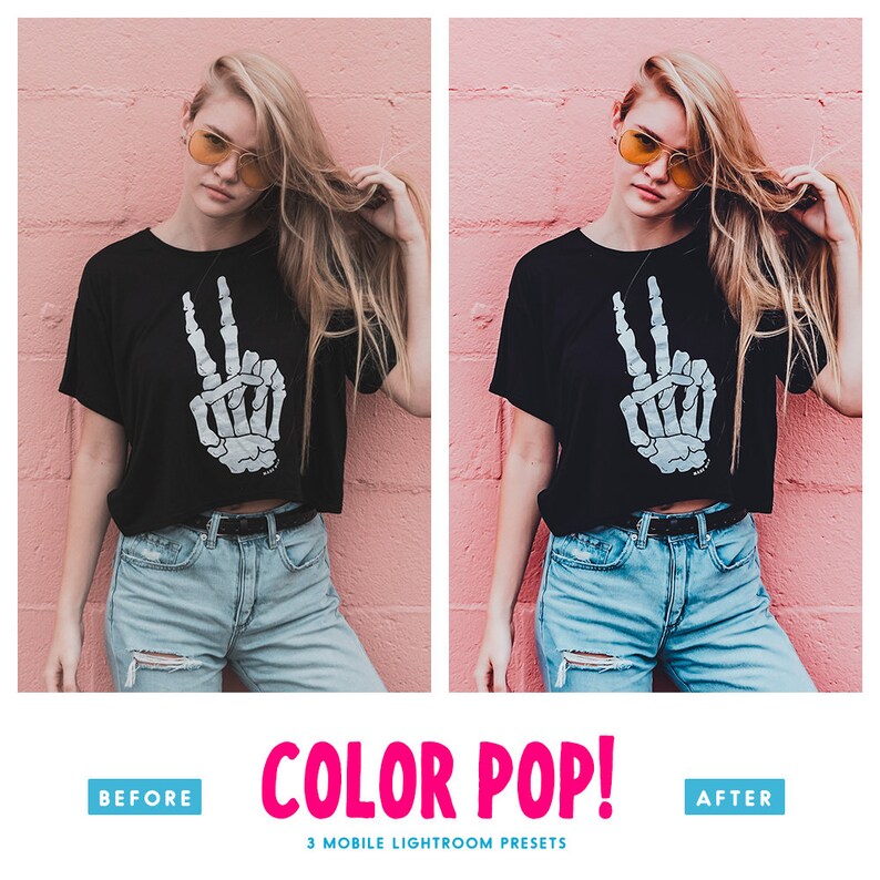 May include: Before and after image showing a woman wearing a black t-shirt with a white skeleton hand graphic and blue jeans. The image on the right shows the effect of a color pop filter, making the colors more vibrant.