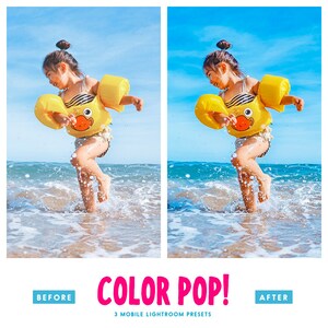 May include: Before and after photo of a child wearing yellow life preservers running in the ocean. The photo on the right has been edited with a color pop filter.