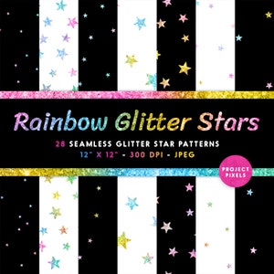 Può includere: 28 motivi di carta digitale senza cuciture con stelle glitter arcobaleno su uno sfondo a strisce bianco e nero. Ogni motivo misura 30,5 cm per 30,5 cm e 300 DPI.