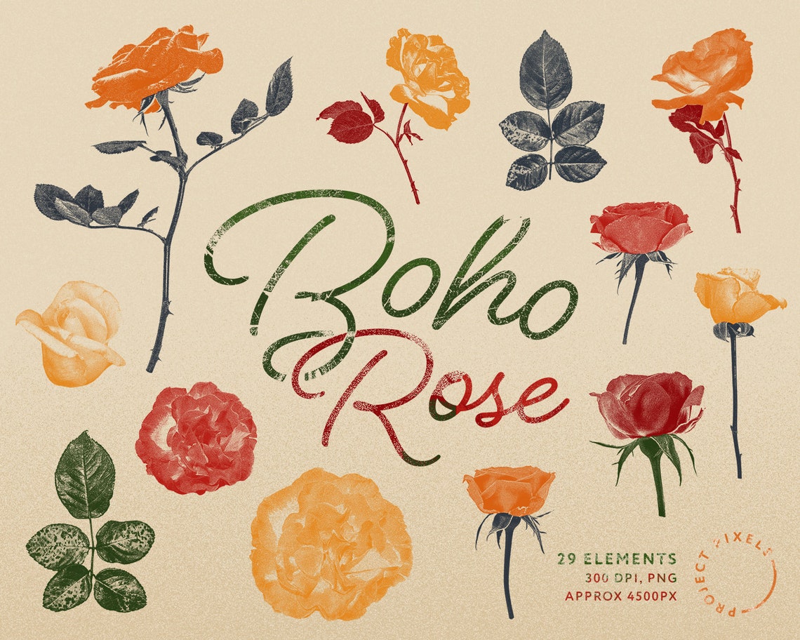 Boho Rose Bohemian Flower Clip Art Screen Print Texture - Etsy