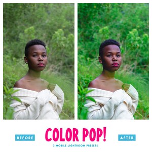 May include: Before and after image showing a person wearing a white sweater standing in a green forest. The image on the right has been edited with a color pop filter, making the colors more vibrant.