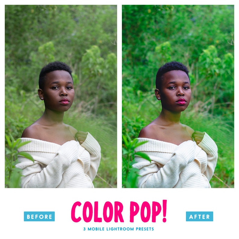 May include: Before and after image showing a person wearing a white sweater standing in a green forest. The image on the right has been edited with a color pop filter, making the colors more vibrant.