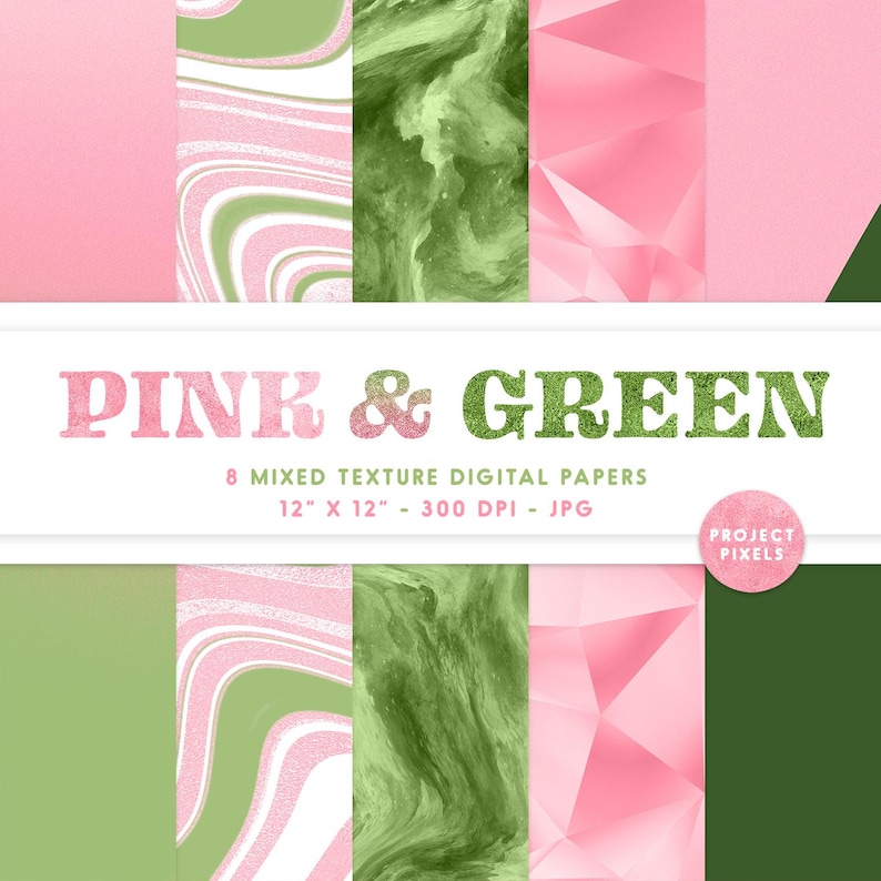 May include: Eight digital paper designs in pink and green with various textures, including marble, watercolour, and geometric patterns. Each design is 30.5 cm by 30.5 cm and 300 DPI.