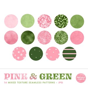 May include: 14 digital seamless patterns in pink and green colours. The patterns include glitter, polka dots, stars, stripes, and textured backgrounds.