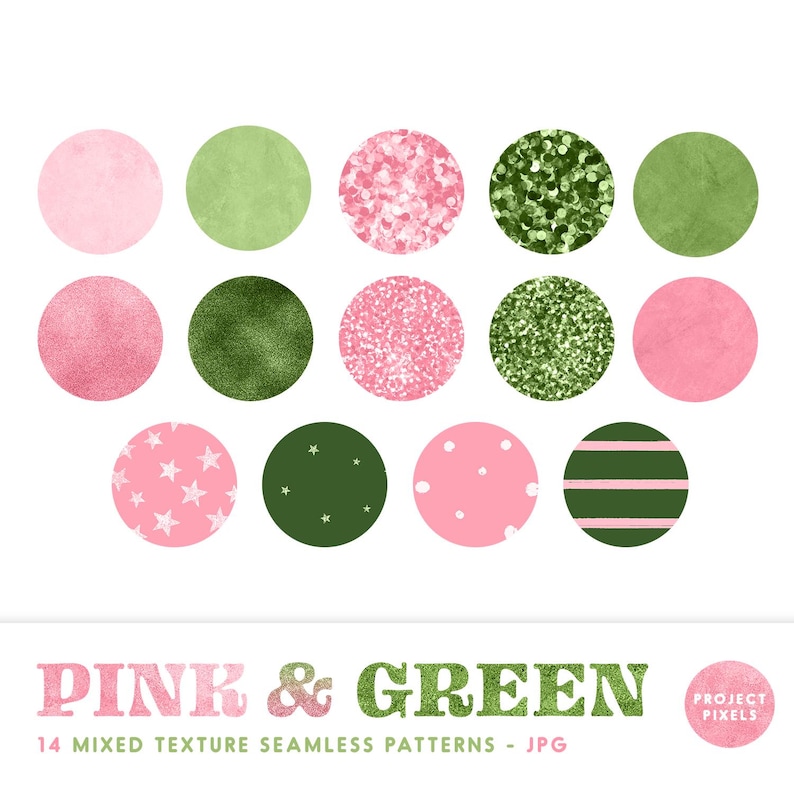 May include: 14 digital seamless patterns in pink and green colours. The patterns include glitter, polka dots, stars, stripes, and textured backgrounds.