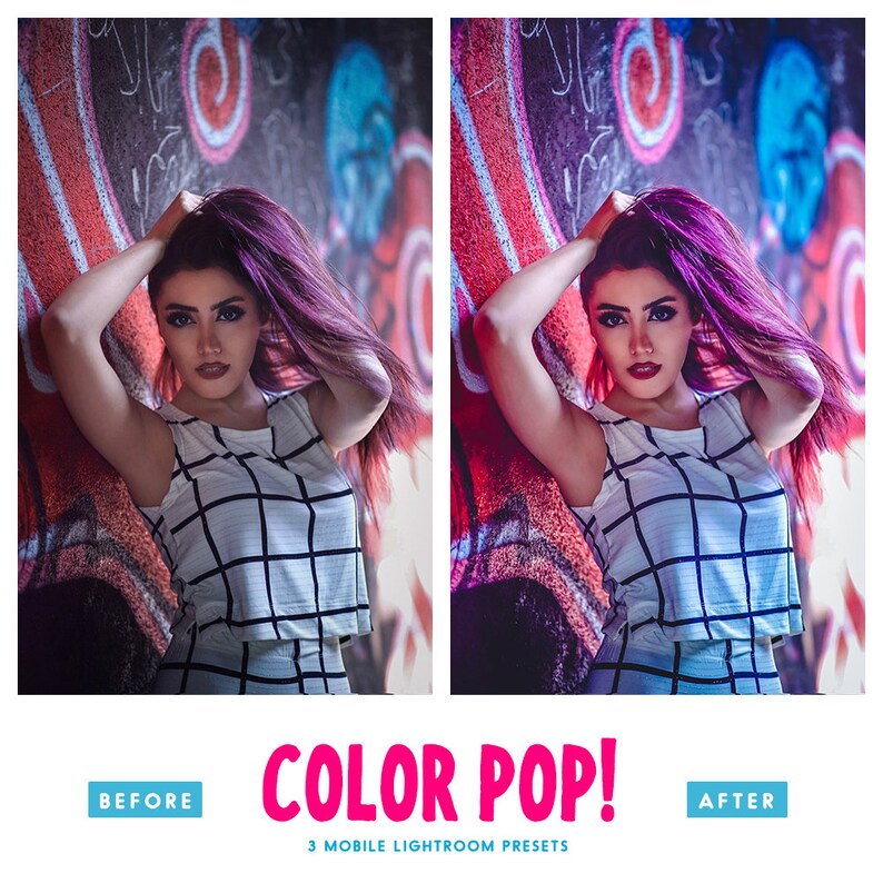 May include: Before and after image showing a woman with purple hair wearing a white and black checkered top. The image on the right has been edited with a color pop effect, making the colors more vibrant.