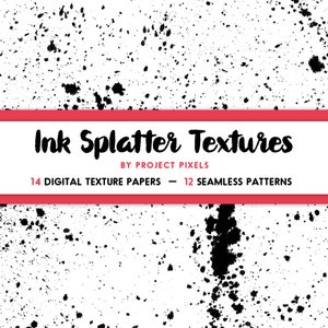 May include: A black and white digital paper pack with 14 digital texture papers and 12 seamless patterns. The image shows a white background with black ink splatters.