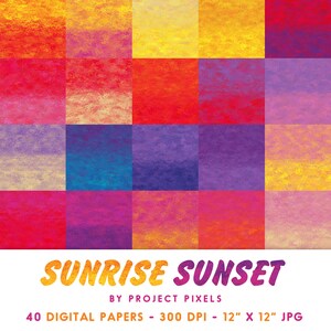 K&ouml;nnte beinhalten: Ein Set mit 40 digitalen Papieren mit verschiedenen Farbverl&auml;ufen von Sonnenunterg&auml;ngen und Sonnenaufg&auml;ngen. Die Papiere sind 30,5 cm x 30,5 cm gro&szlig; und haben eine Aufl&ouml;sung von 300 DPI. Die Papiere eignen sich perfekt f&uuml;r Scrapbooking, Kartenherstellung und andere Bastelprojekte.