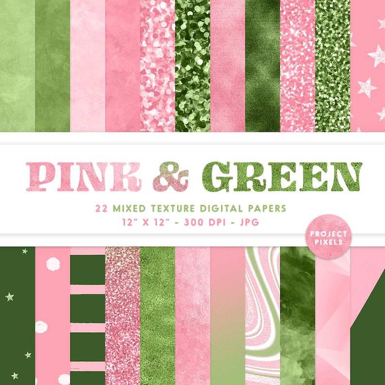 May include: A set of 22 digital papers in pink and green colours. The papers feature various textures, including glitter, watercolour, and polka dots. The papers are 12 inches by 12 inches and 300 DPI.