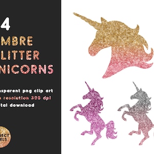 24 Ombre Glitter Unicorns, Unicorn Clip Art, Gradient Glitter ClipArt, Pastel Unicorns, Printable PNG, Design Elements, Digital Download