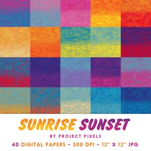 K&ouml;nnte beinhalten: 40 digitale Papiere mit einer Vielzahl von Sonnenuntergangs- und Sonnenaufgangsfarben. Jedes Papier ist 12 Zoll mal 12 Zoll gro&szlig; und hat 300 DPI.