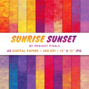 K&ouml;nnte beinhalten: Ein Set mit 40 digitalen Papieren, die einen Farbverlauf von Lila zu Gelb zeigen, der an einen Sonnenaufgang oder Sonnenuntergang erinnert. Die Papiere sind 30,5 cm x 30,5 cm gro&szlig; und haben eine Aufl&ouml;sung von 300 DPI.