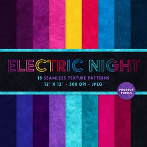 Electric Night, Neon Tones, Digital Paper Pack, Seamless Textures, Color Art Patterns. Scrapbooking Paper, Artist Resource, Digital Download