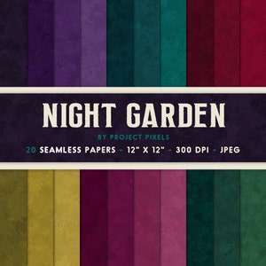 May include: A set of 20 digital paper designs featuring a variety of textured backgrounds in shades of purple, green, red, and yellow. The papers are 12 inches by 12 inches and 300 DPI. The text "NIGHT GARDEN" and "BY PROJECT PIXELS" is displayed on the image.