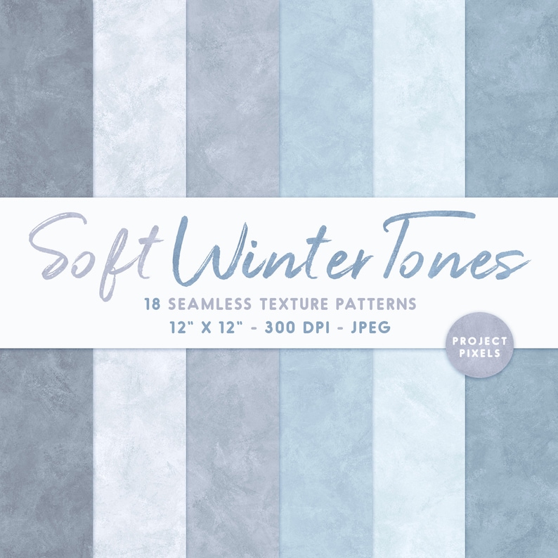 Puede incluir: Un conjunto de 18 texturas de papel digital sin costuras en tonos suaves de azul y blanco. Las texturas son de 30,48 cm por 30,48 cm y 300 DPI. El texto "Soft Winter Tones" est&aacute; escrito en una fuente manuscrita.
