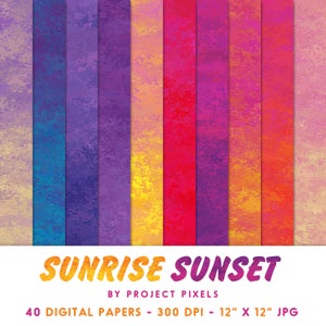 K&ouml;nnte beinhalten: 40 digitale Papiere in einer Farbpalette von Sonnenaufgang und Sonnenuntergang. Die Papiere sind 12 Zoll mal 12 Zoll gro&szlig; und haben 300 DPI. Die Papiere haben eine strukturierte, k&ouml;rnige Optik.