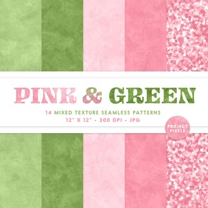 May include: A set of 14 digital seamless patterns in pink and green. The patterns include textures like glitter, paper, and watercolour. The patterns are 12 inches by 12 inches and 300 DPI.
