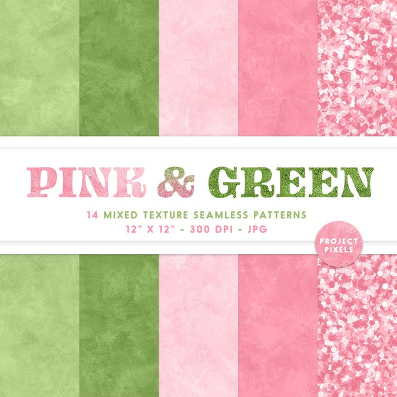 May include: A set of 14 digital seamless patterns in pink and green. The patterns include textures like glitter, paper, and watercolour. The patterns are 12 inches by 12 inches and 300 DPI.